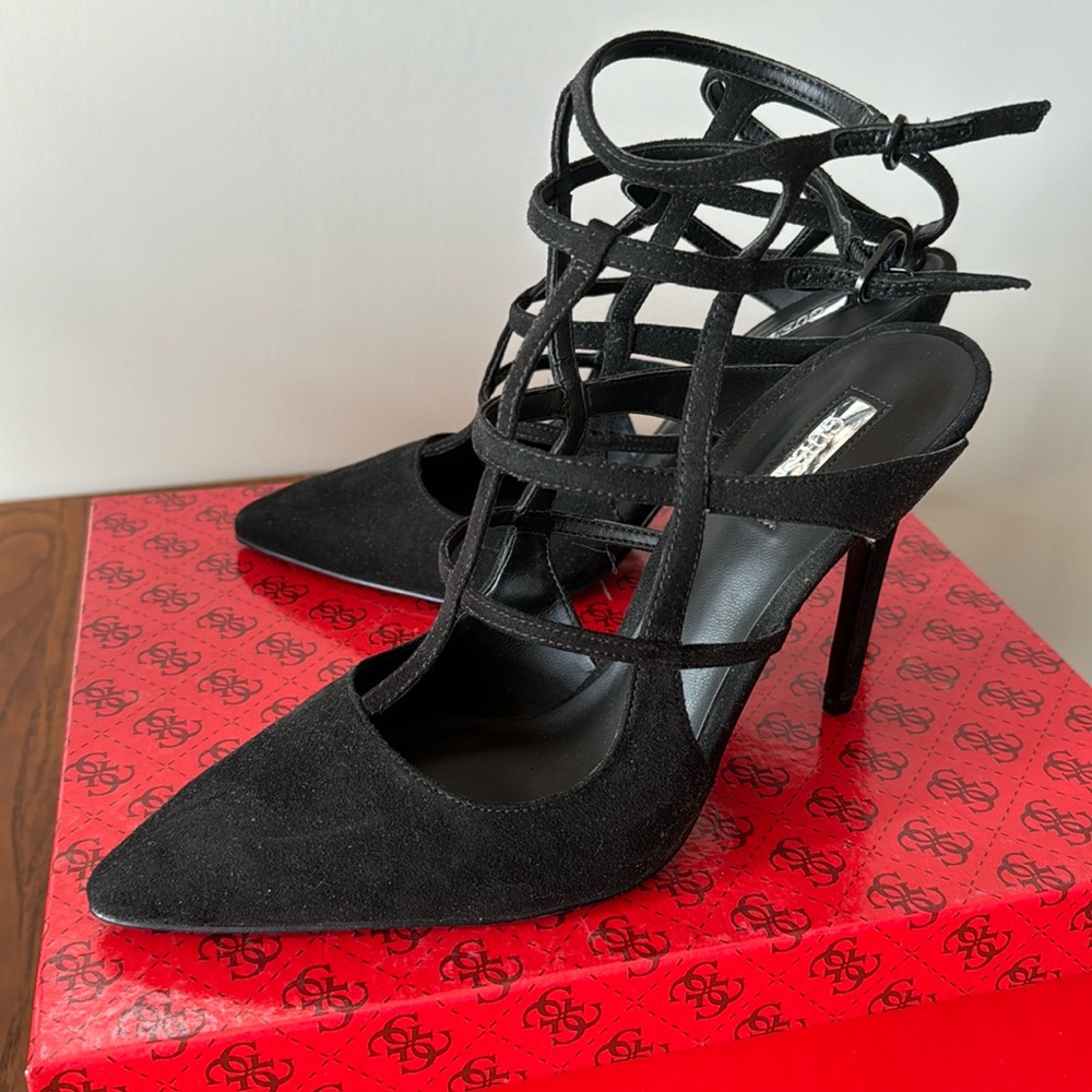 Women’s black suede heeled Guess shoes